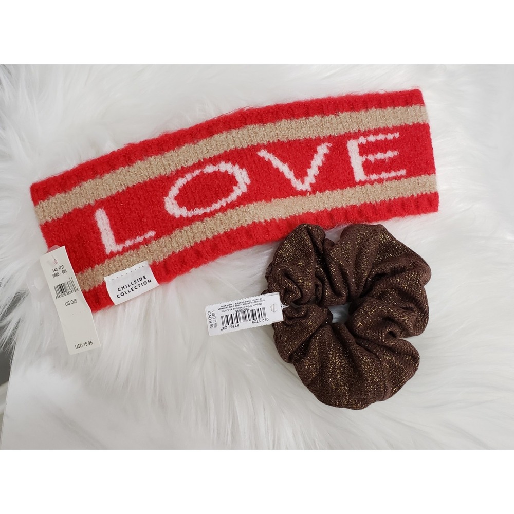 LOT NEW Aerie Offline‎ Winter Headband Red Love & GOLD SCRUNCHIE teen gift